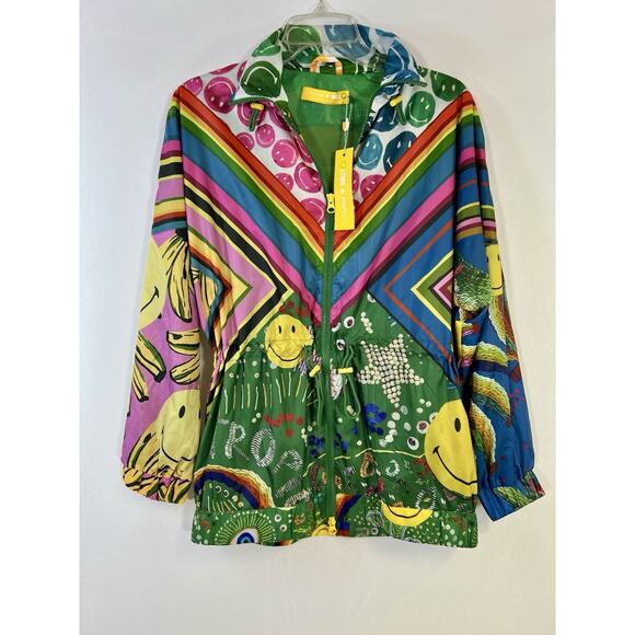 NEW Farm Rio Smiley Graphic Parka Windbreaker Hood Full Zip Rainbow Colorful XS - Picture 1 of 16